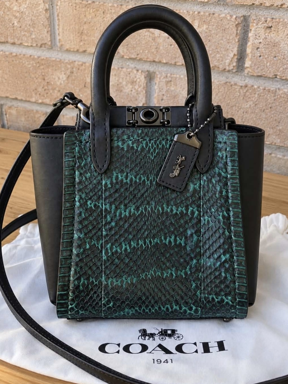 COACH Black & Teal Snake-Print Leather Mini Satchel